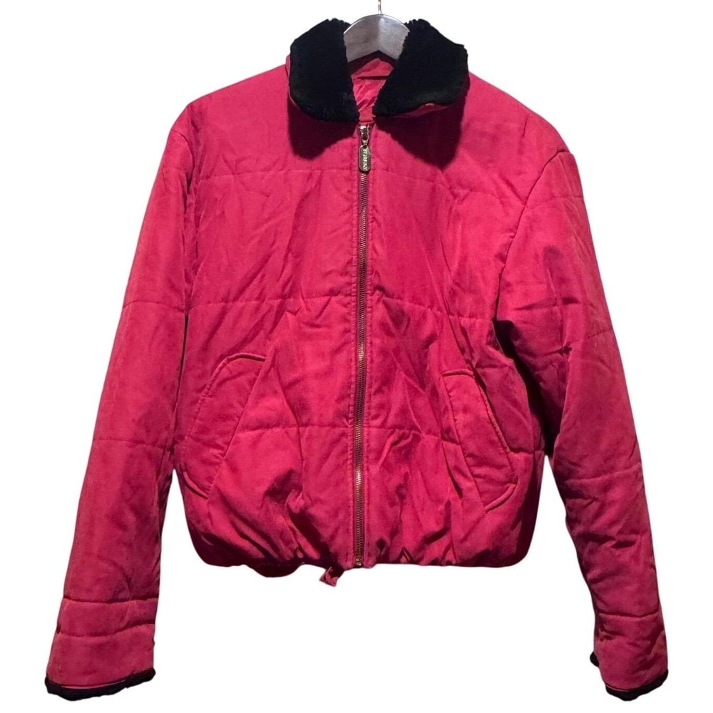 Vintage Red Quilted Bomber Jacket Women's Black faux fur Collar UGA DAWGS XS 80s